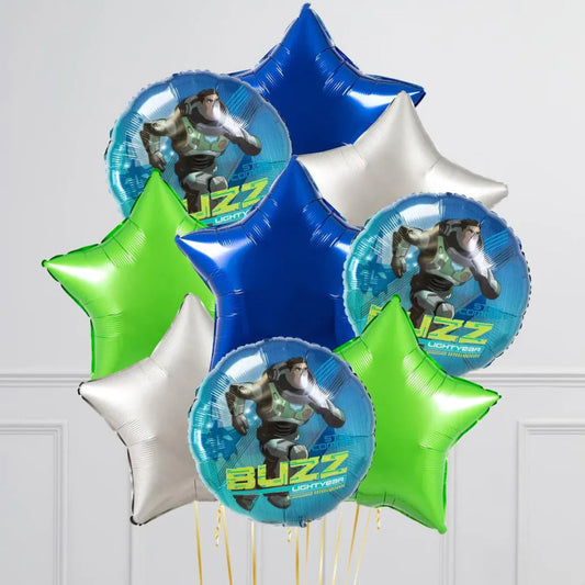 Buzz Lightyear foil balloons bunch with blue, green, and silver star-shaped balloons on white background