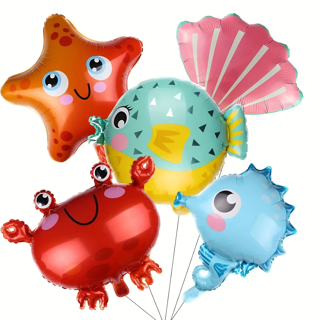 Colorful marine animal foil helium balloons shaped like starfish, crab, pufferfish, and seashell