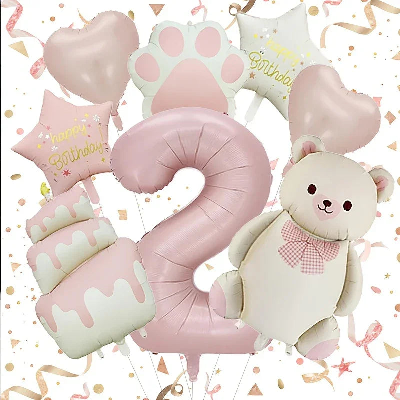 Pink foil birthday balloons set with big number 2, teddy bear, cake, heart, star, and paw prints