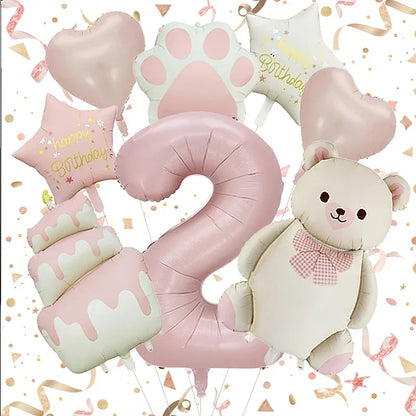 Pink foil birthday balloons set with big number 2, teddy bear, cake, heart, star, and paw prints
