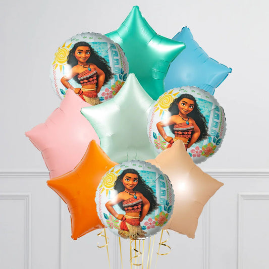 Moana-themed foil balloons bunch with star-shaped pastel-colored balloons in a white room