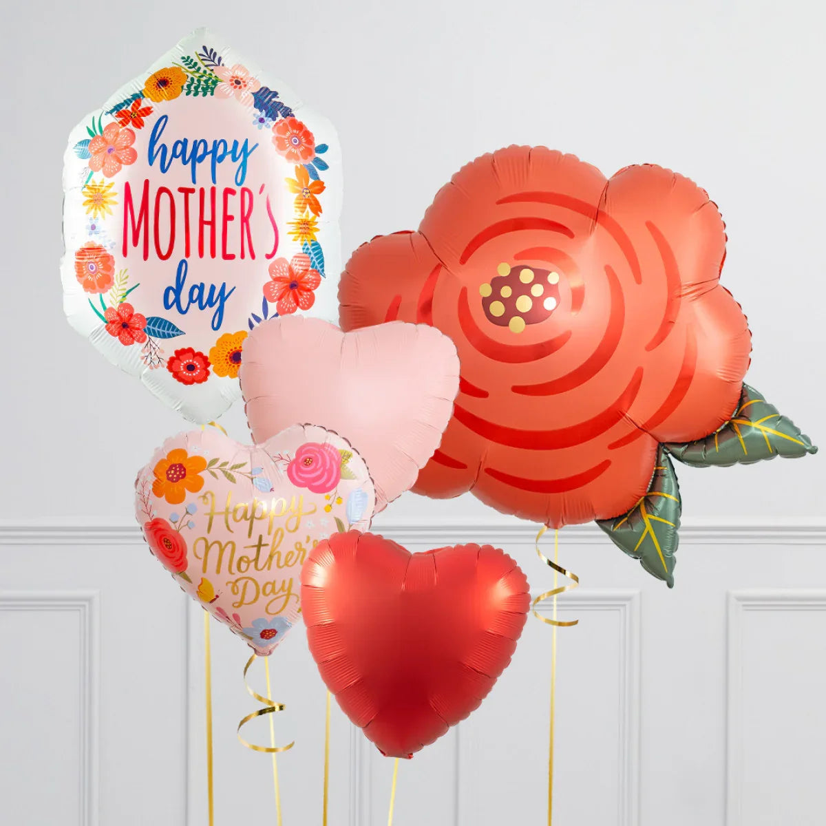 Mother's Day foil balloons including floral, heart shapes, and Happy Mother's Day messages