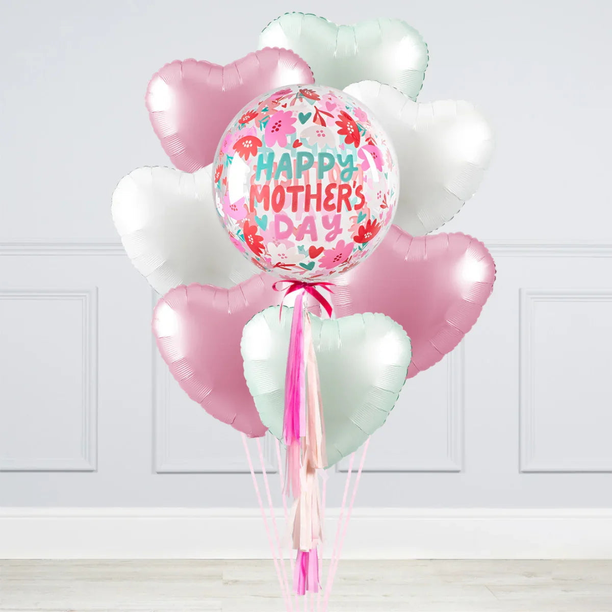 Happy Mother's Day bouquet with floral round balloon and pink, white heart-shaped balloons
