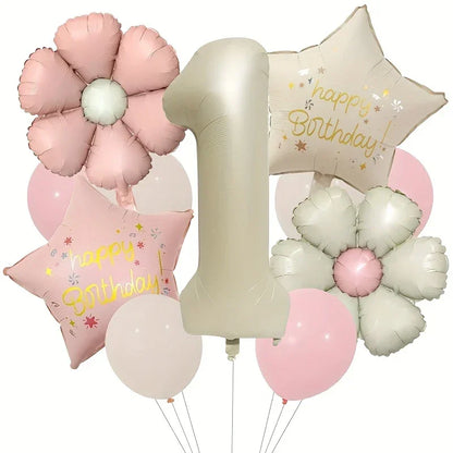Pink and white flower-shaped balloons, star balloons with happy birthday text, and large number 1 balloon birthday bouquet