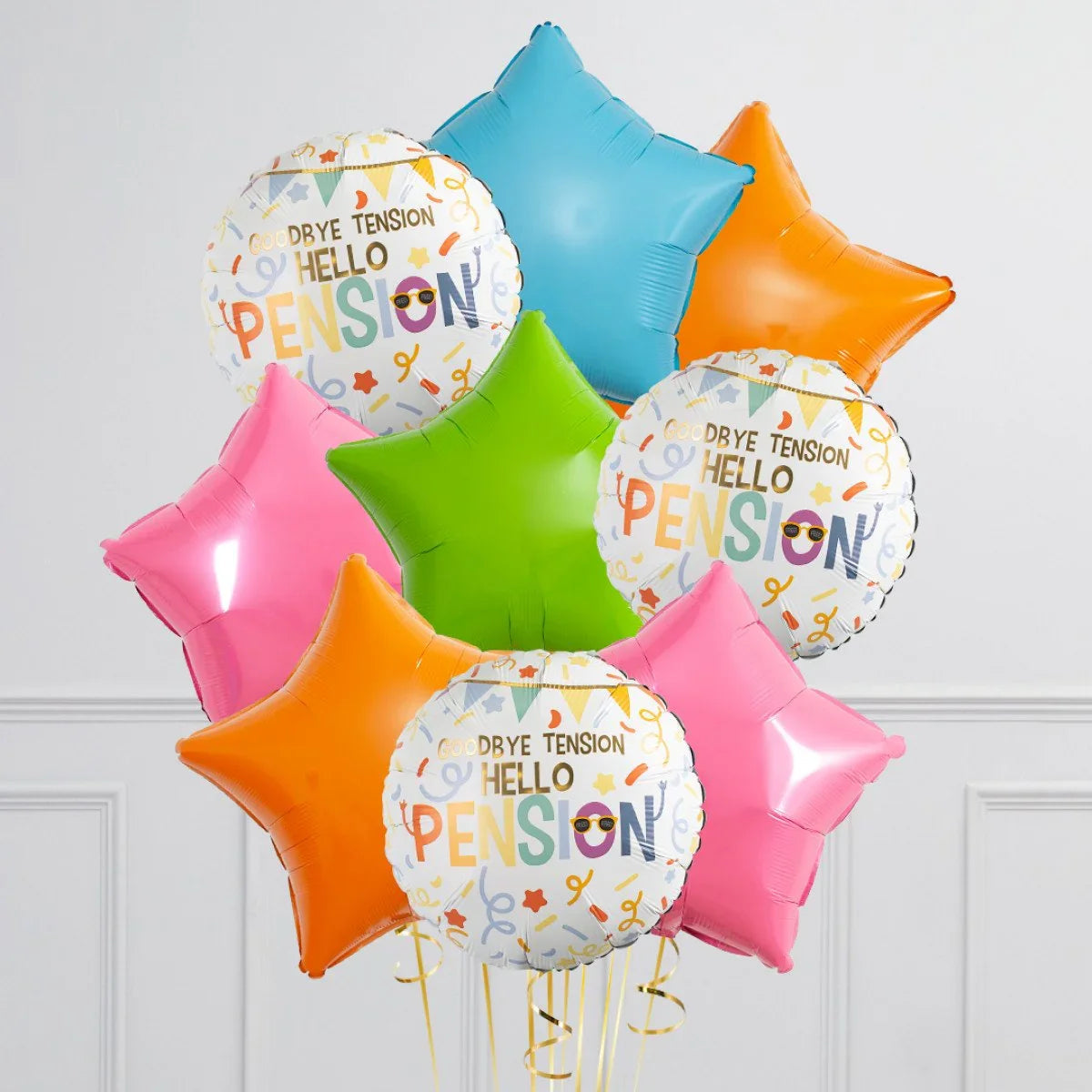 Colorful pension celebration balloons with star shapes and 'Goodbye tension, Hello pension' text