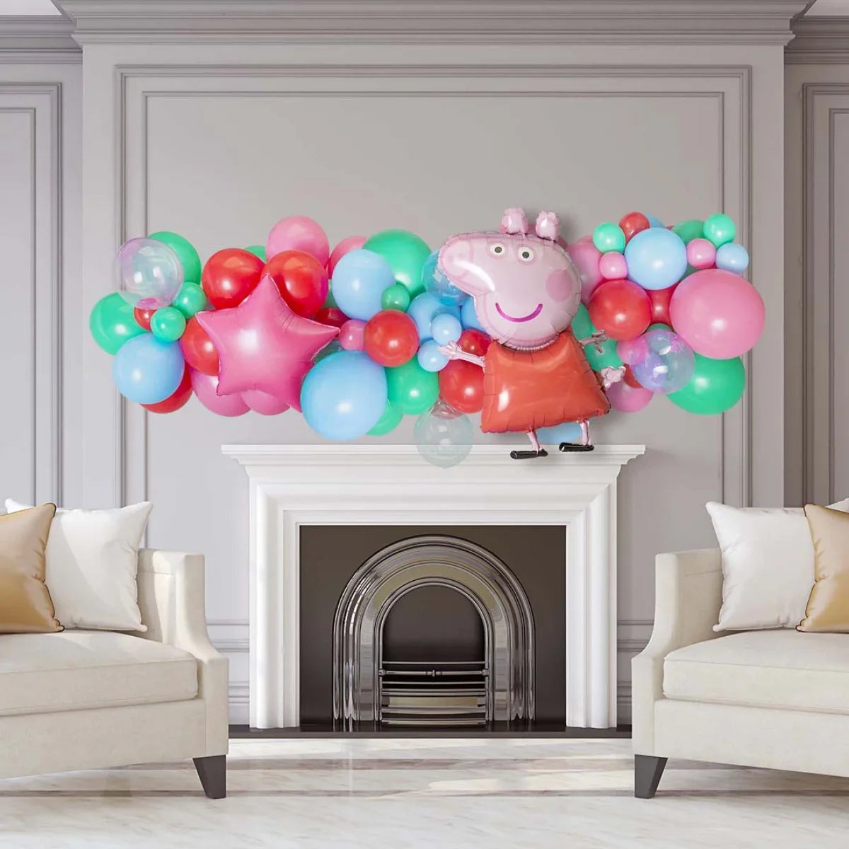 Colorful balloon garland with Peppa Pig foil balloon above white fireplace in elegant living room