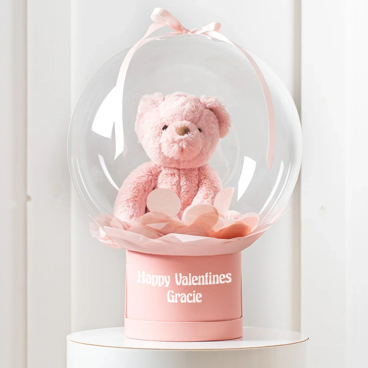 Personalised pink teddy bear gift in clear bubble with Happy Valentines Gracie text