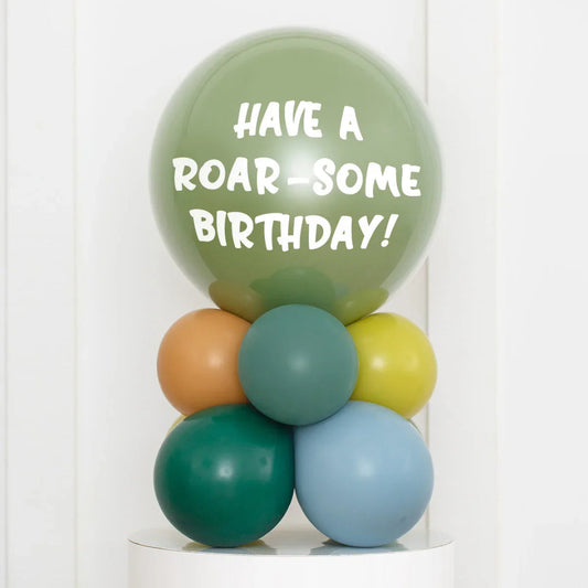 Personalised dinosaur-themed green birthday balloon stack with Have a Roar-some Birthday text