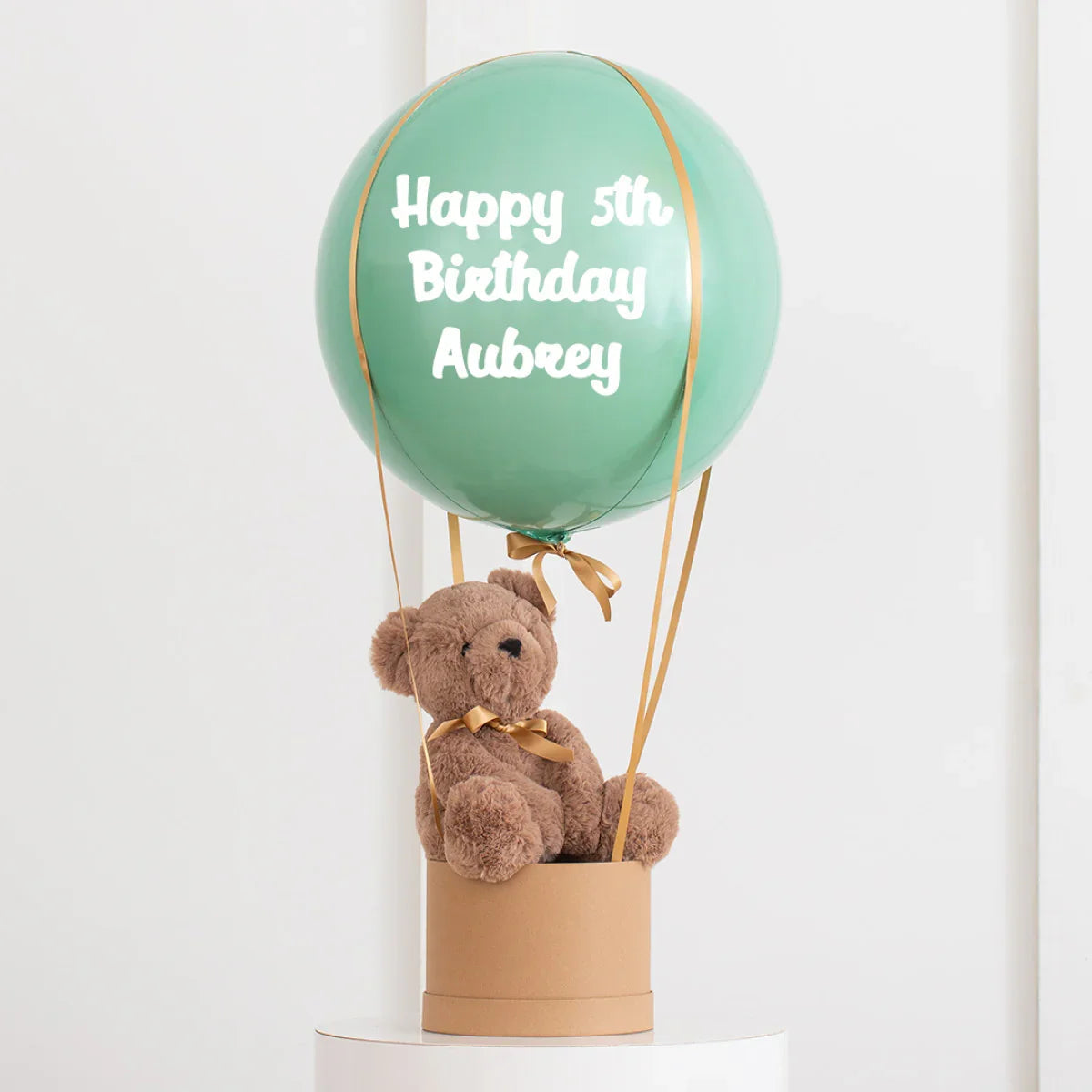 Personalized eucalyptus green hot air balloon decoration with teddy bear, Happy 5th Birthday Aubrey text