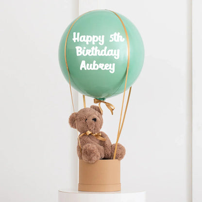 Personalized eucalyptus green hot air balloon decoration with teddy bear, Happy 5th Birthday Aubrey text