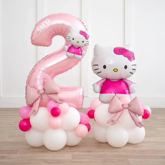 Pink and white Hello Kitty balloon decoration with a large pink number 2 balloon personalized with name Sophia