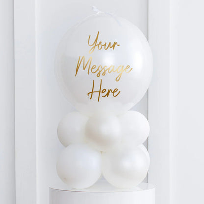 Personalised pearl white air-filled bubble balloon stack with customizable gold message on top balloon