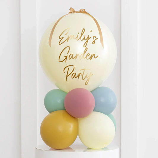 Personalised pastel retro air-filled bubble balloon stack with gold script Emily's Garden Party