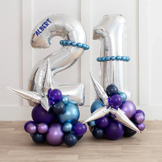 Silver holographic number 21 balloon stack with name Albert and purple-blue balloon decorations