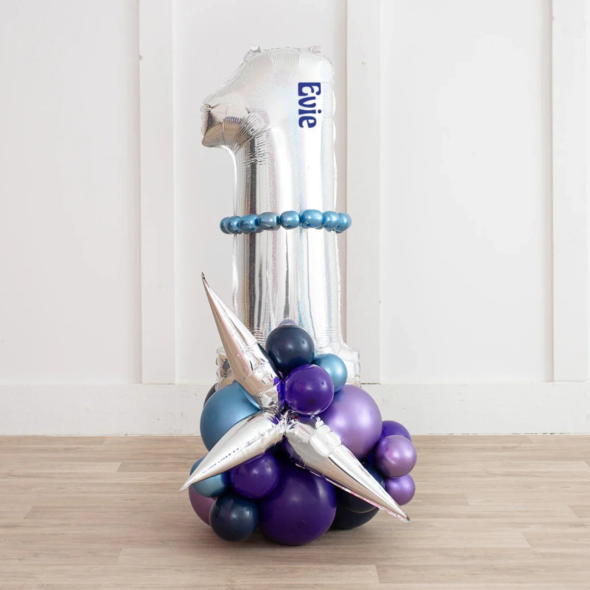 Silver number 1 balloon with blue and purple balloon cluster and personalized name Evie