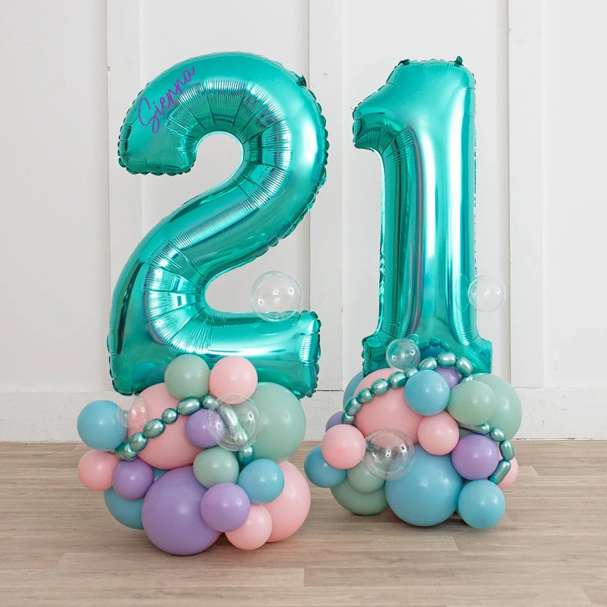 Teal metallic number 21 balloon with personalized name Sienna, pastel and clear balloons base