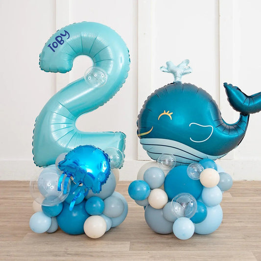 Personalized blue number 2 balloon with blue whale and assorted blue balloons birthday decoration
