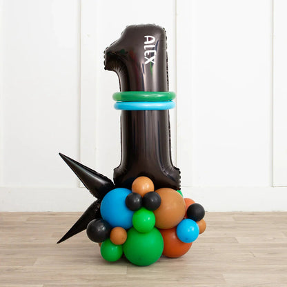 Personalized black number 1 balloon with name Alex and colorful blue, green, brown balloon cluster
