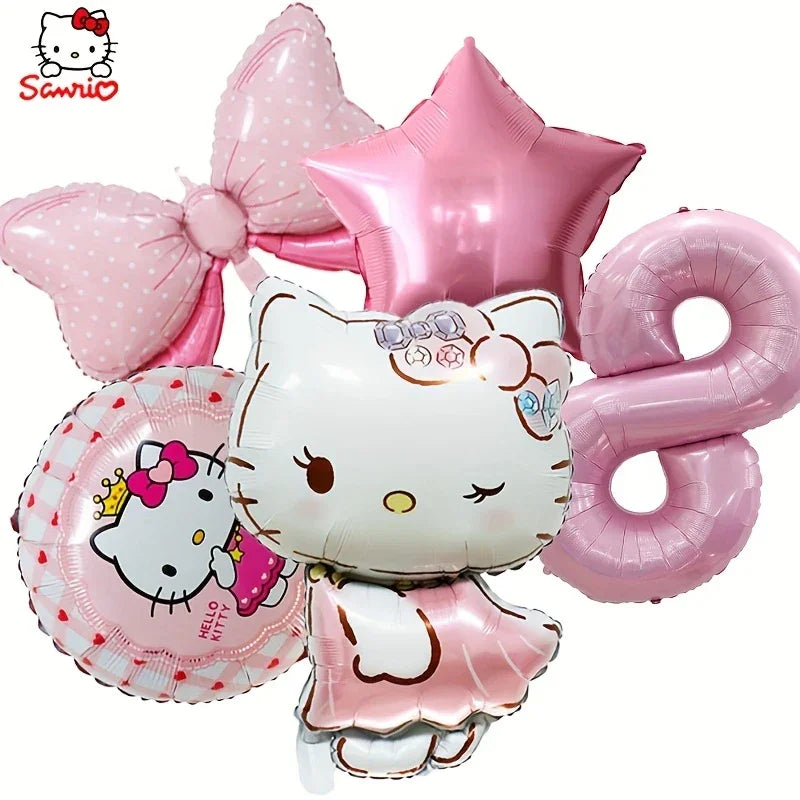 Pink Hello Kitty foil balloons set with bow, star, number 8, and character design