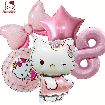 Pink Hello Kitty foil balloons set with bow, star, number 8, and character design