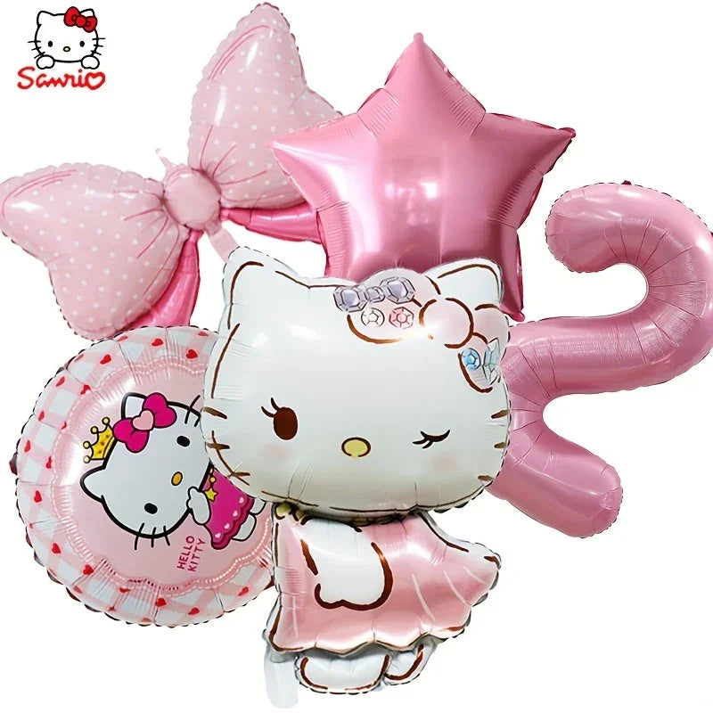 Pink Hello Kitty aluminum foil balloons set with bow, star, and number 2, Disney party decor