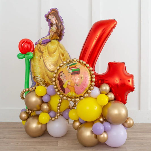 Princess Belle balloon decoration with red number 4 and multicolored balloon cluster on wooden floor
