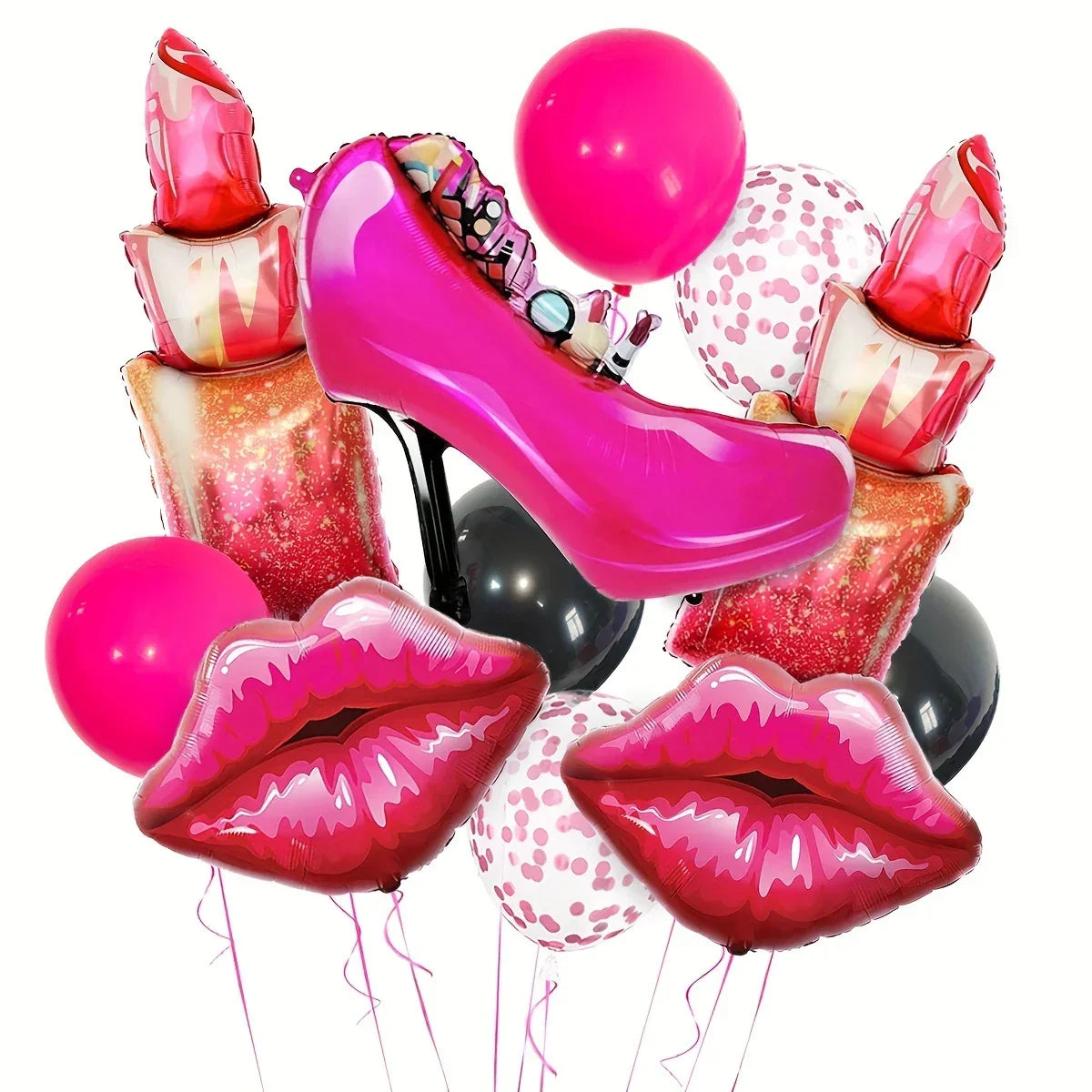 Bright pink high heel, lipstick, and lips shaped foil balloons with pink, black, and confetti latex balloons