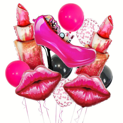 Bright pink high heel, lipstick, and lips shaped foil balloons with pink, black, and confetti latex balloons
