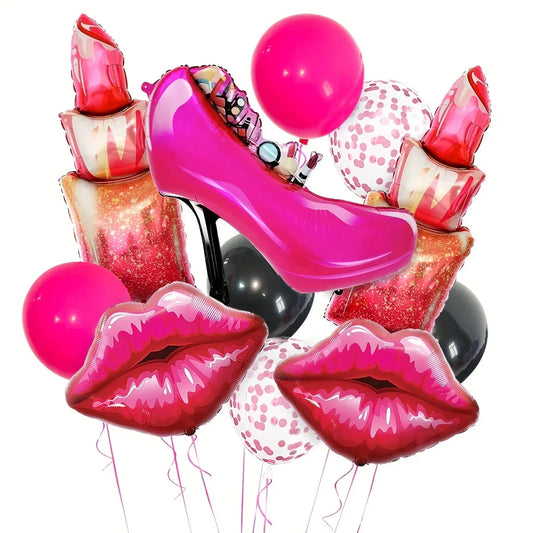 Bright pink high heel, lipstick, and lips shaped foil balloons with pink, black, and confetti latex balloons