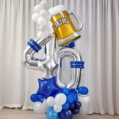 Silver number 40 balloon stand with blue and white balloons and a gold beer mug foil balloon