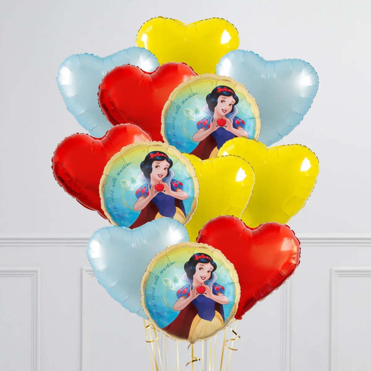 Snow White themed foil balloons with colorful heart-shaped balloons in red, yellow, and blue