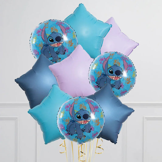 Bunch of blue and purple star-shaped foil balloons with round Stitch cartoon balloons