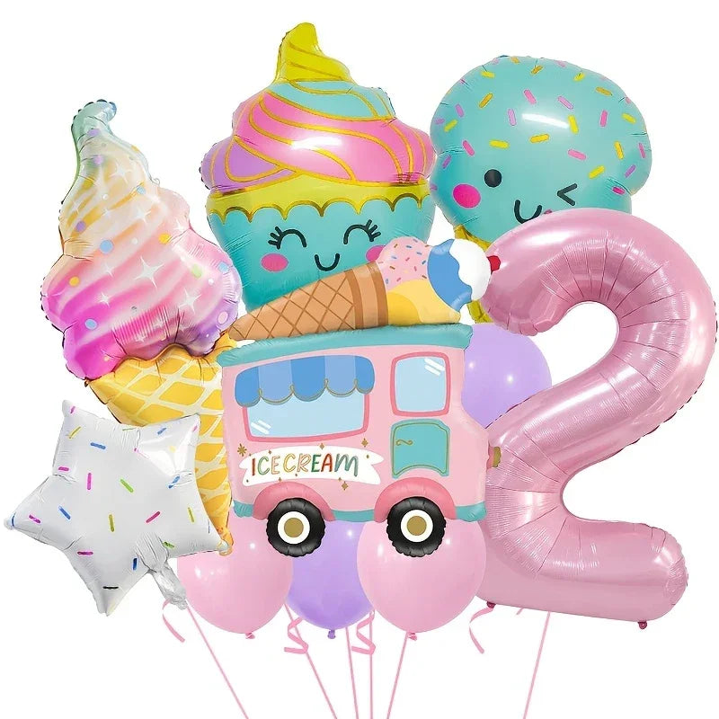 Colorful ice cream themed balloon set with cartoon characters and a large pink number 2 balloon