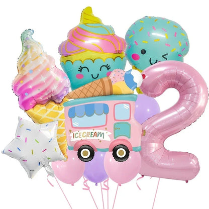 Colorful ice cream themed balloon set with cartoon characters and a large pink number 2 balloon