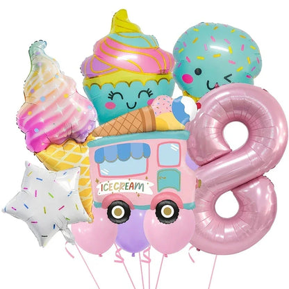 Colorful ice cream-themed balloon set with cone, cupcake, ice cream truck, star, and pink number 8 balloons