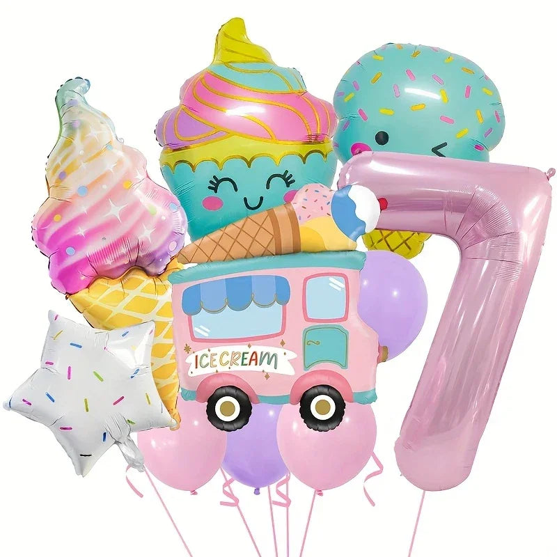 Colorful ice cream-themed balloon set with cupcake, cone, ice cream truck, star, and pink number 7 balloons