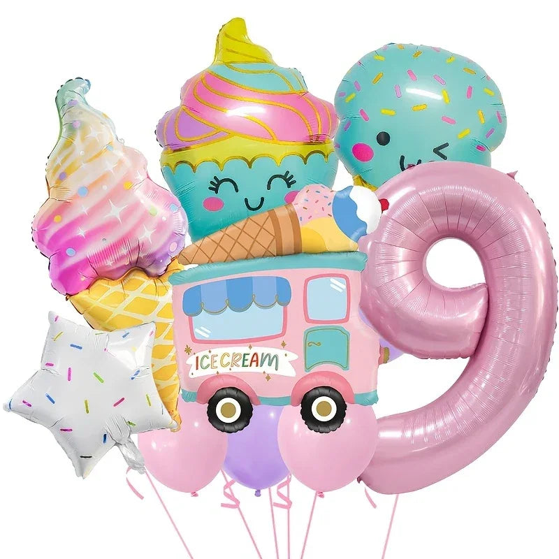 Colorful ice cream-themed balloon set with smiley cupcake, ice cream truck, number 9, star, and cone balloons