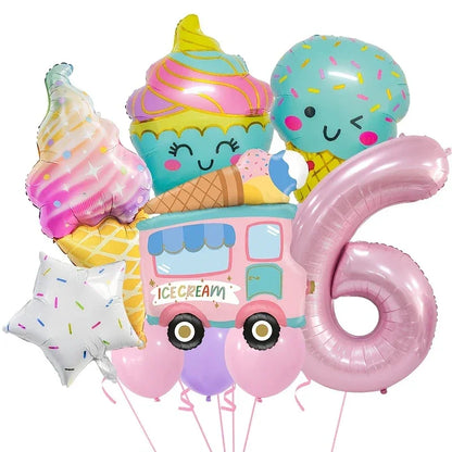 Colorful ice cream theme balloon set with cupcake, cone, ice cream truck, number 6, and star balloons