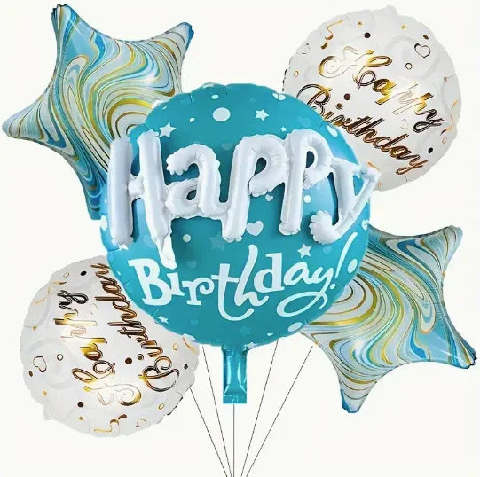 Set of five colorful birthday balloons with Happy Birthday text and star shapes