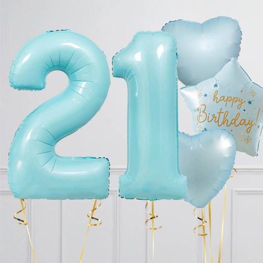 Baby blue number 21 and birthday balloons including star and heart shapes with golden ribbons