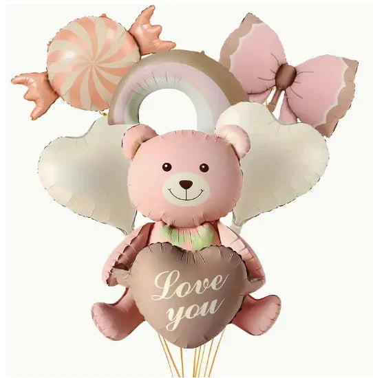 Helium balloons set with a pink teddy bear holding a heart-shaped balloon saying Love you, rainbow, wings, candy, and bow