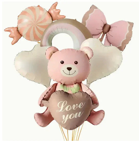 Helium balloons set with a pink teddy bear holding a heart-shaped balloon saying Love you, rainbow, wings, candy, and bow