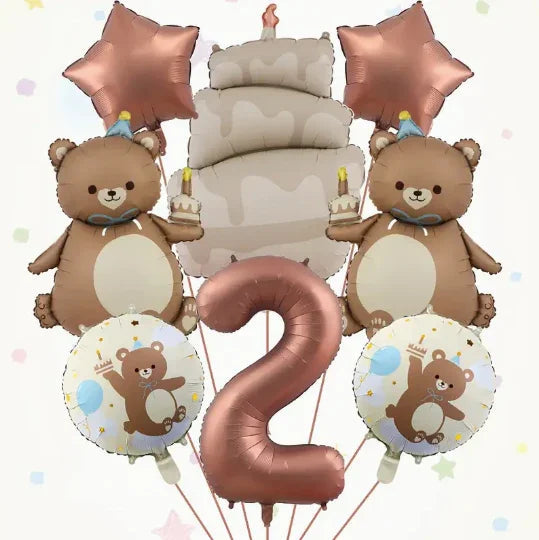 Birthday balloon bouquet with two teddy bear balloons, star balloons, a cake balloon, round bear balloons, and a large number 2 balloon