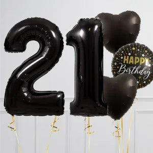 Black foil balloons shaped as number 21 with heart and Happy Birthday balloon on white background