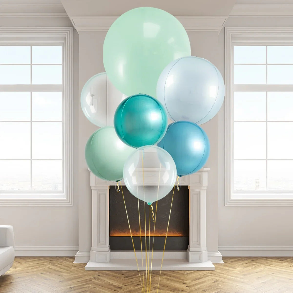 Blue lagoon giant balloons in pastel and metallic shades near white fireplace inside modern room