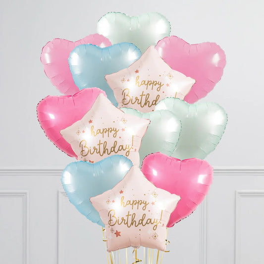 Pastel pink, blue, and green heart balloons with pink star-shaped happy birthday balloons