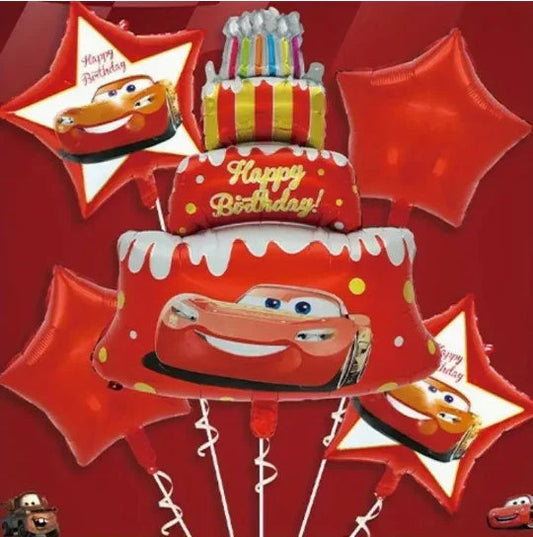 Red birthday balloons featuring a Cars movie character and a layered cake balloon with candles
