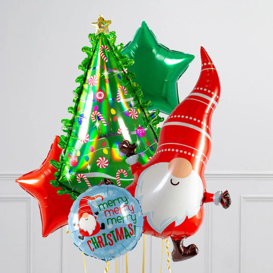 Christmas balloon bouquet with Santa gnome, decorated Christmas tree, green and red star balloons