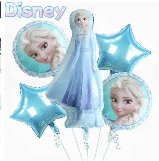 Disney Frozen Elsa helium balloons set with star-shaped and round designs featuring Elsa's face in light blue