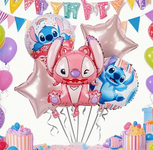 Stitch and Angel Disney character balloons with star-shaped metallic balloons in colorful birthday party setup